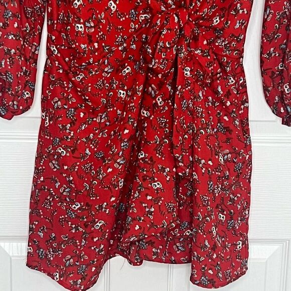 Umgee Red Multi Floral Faux Wrap Tie 3/4 Balloon Sleeve Dress Size Small - Picture 7 of 16